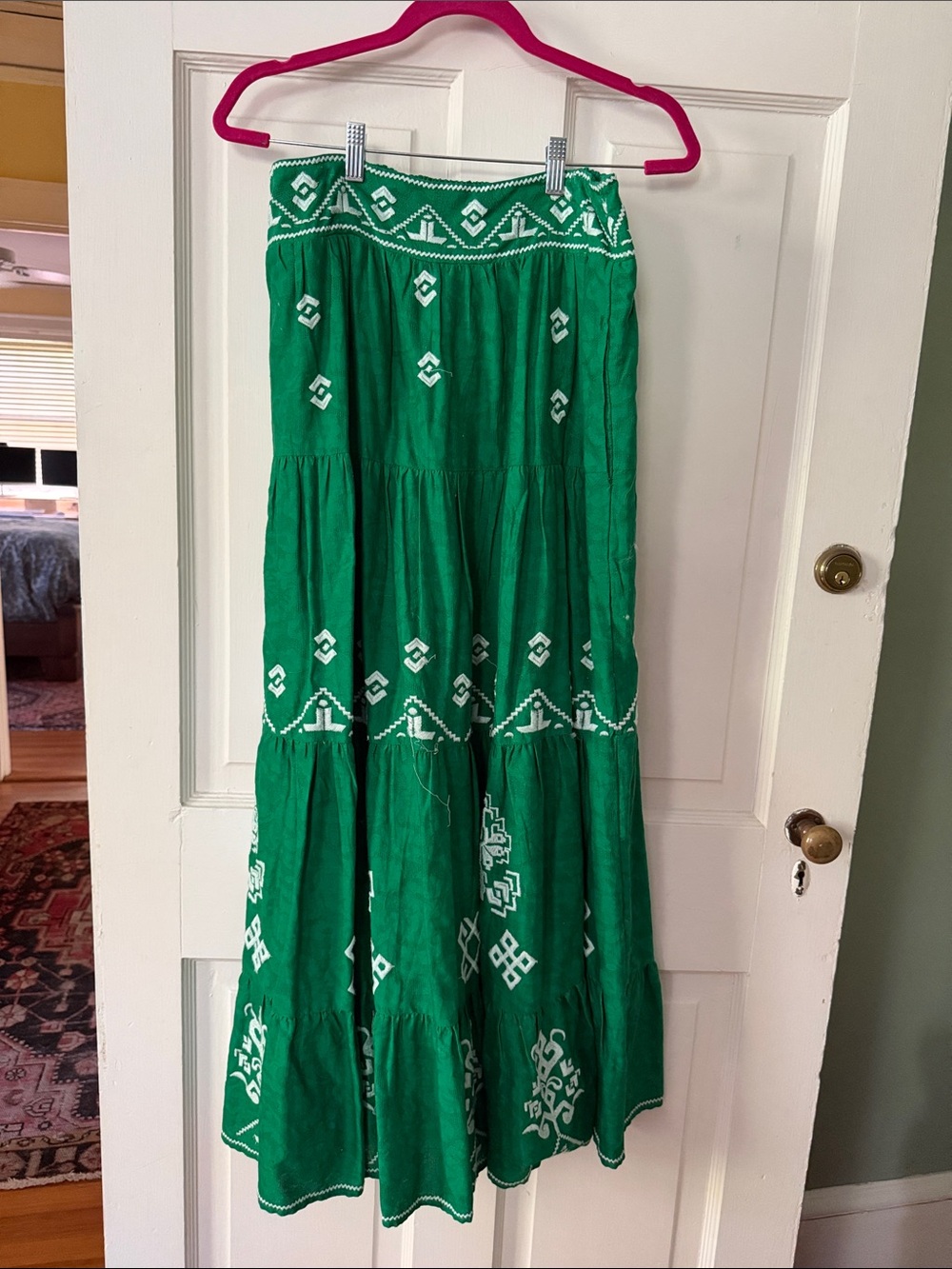 Anthropologie Green Maxi Skirt with White Embroidery